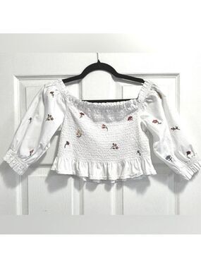 Zara Smocked Off the Shoulder Floral Cropped Top Puff Sleeves White Cotton Small